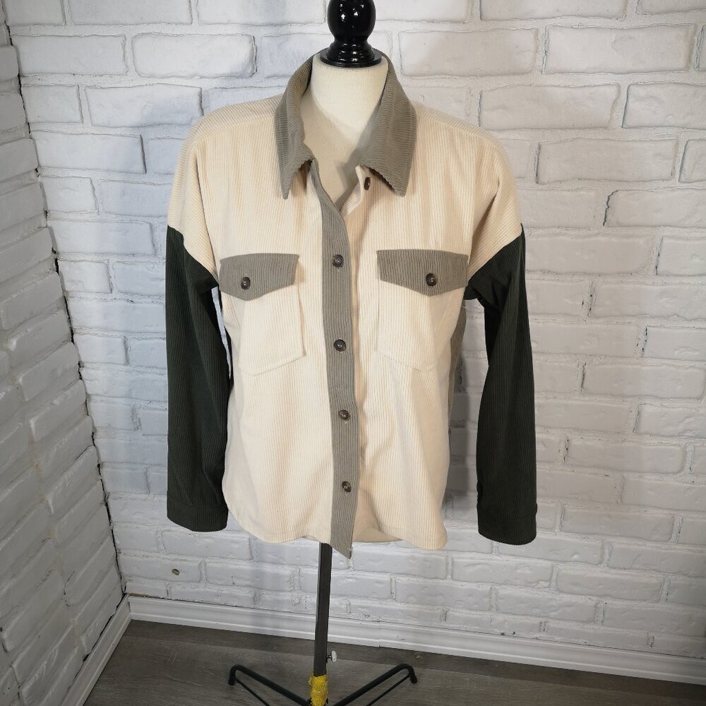 Thread & Supply Ladies Size Small Jade Green & Beige Ribbed Over Shirt / Jacket